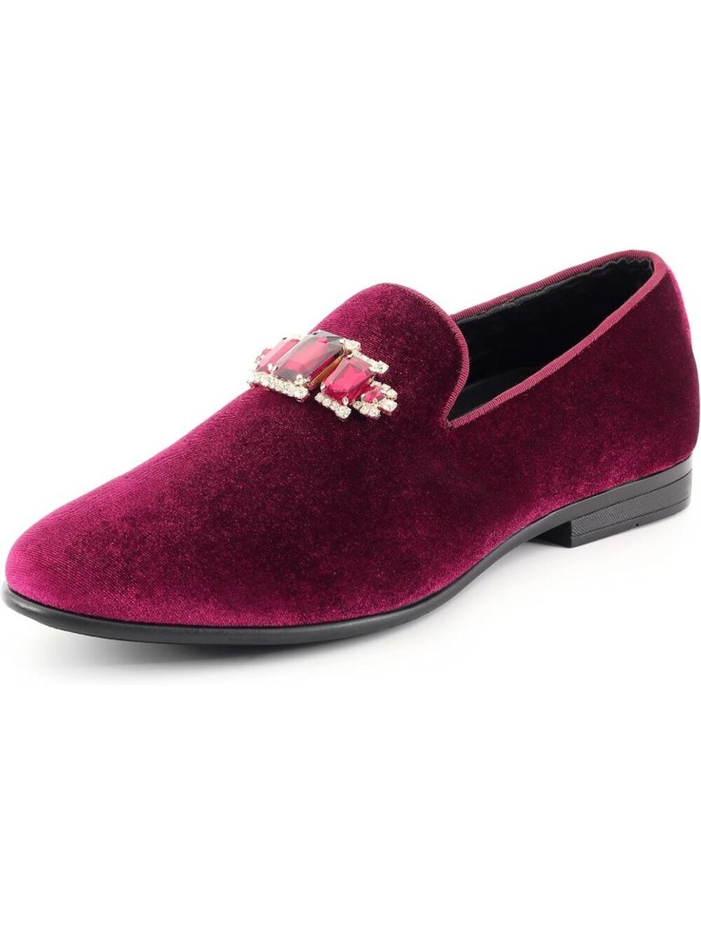 Amali Men's Burgundy Velvet Loafers With Jeweled Bit Slip On Tuxedo Formal Shoes